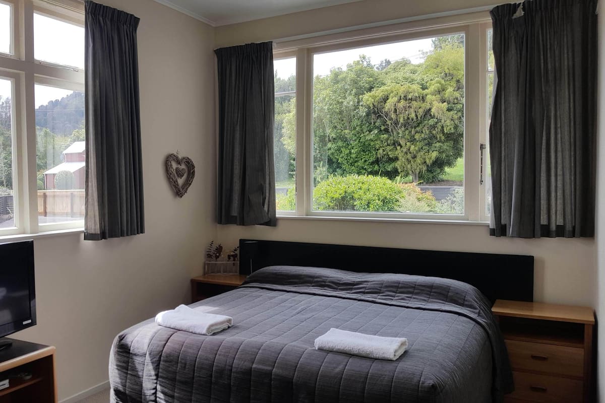 A bedroom with a large bed, a TV on a stand, and a window with curtains.
