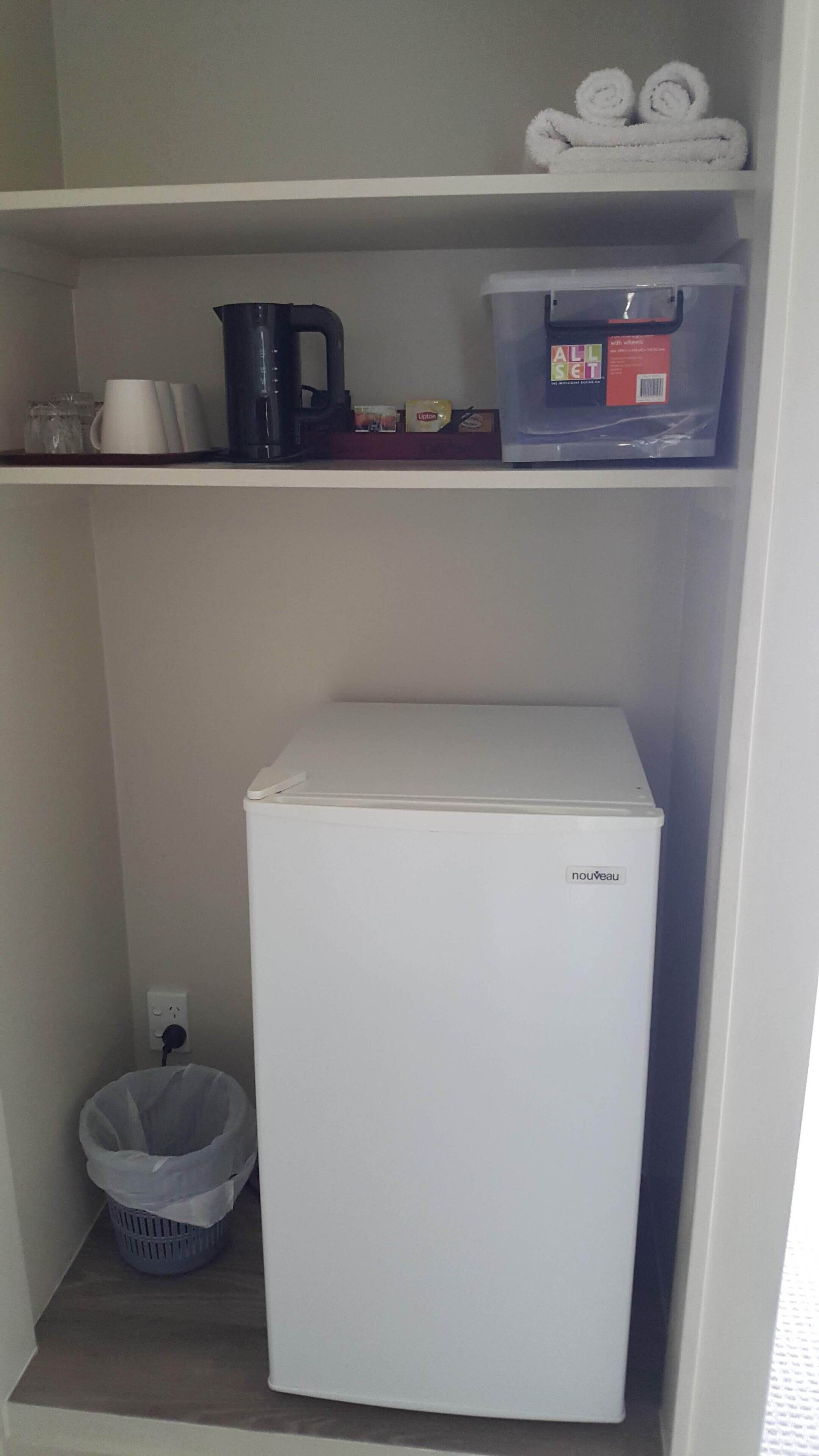 fridge, coffee/tea maker, electric kettle, high chair