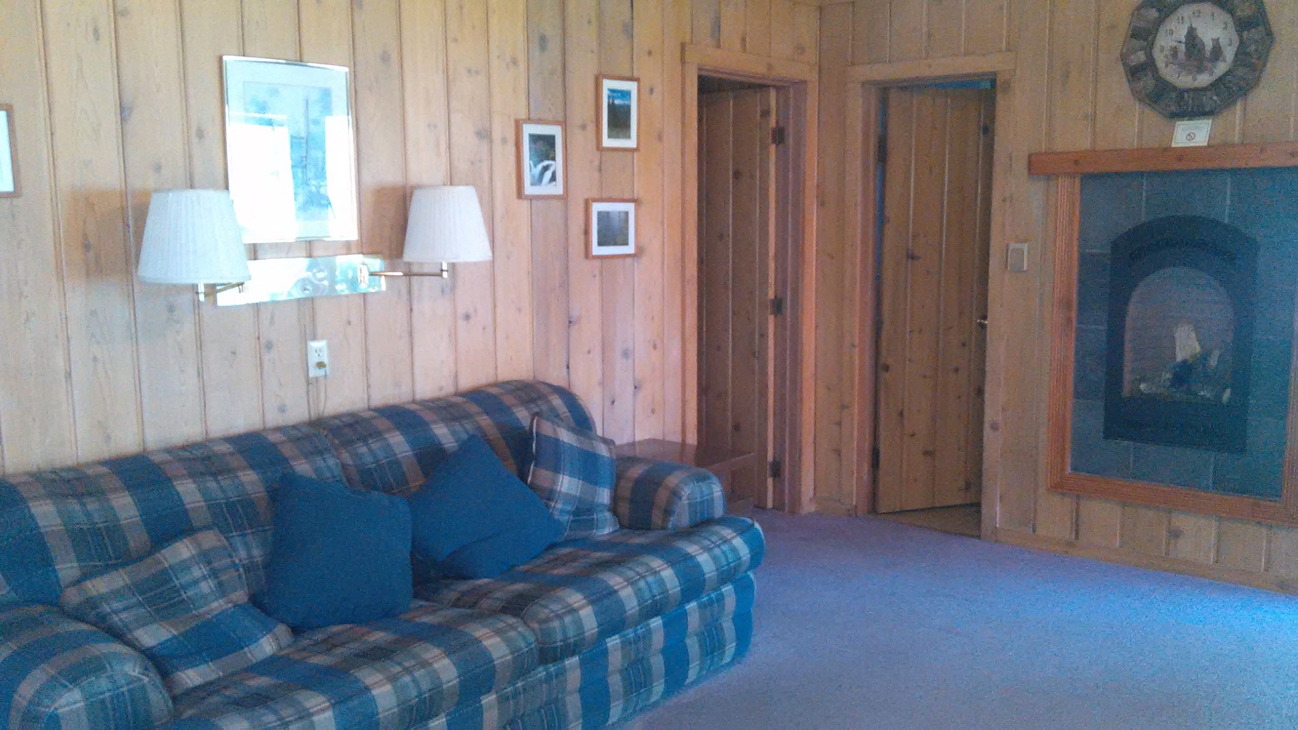 A plaid sofa with blue cushions, a wooden door, and a fireplace with a framed picture above it.