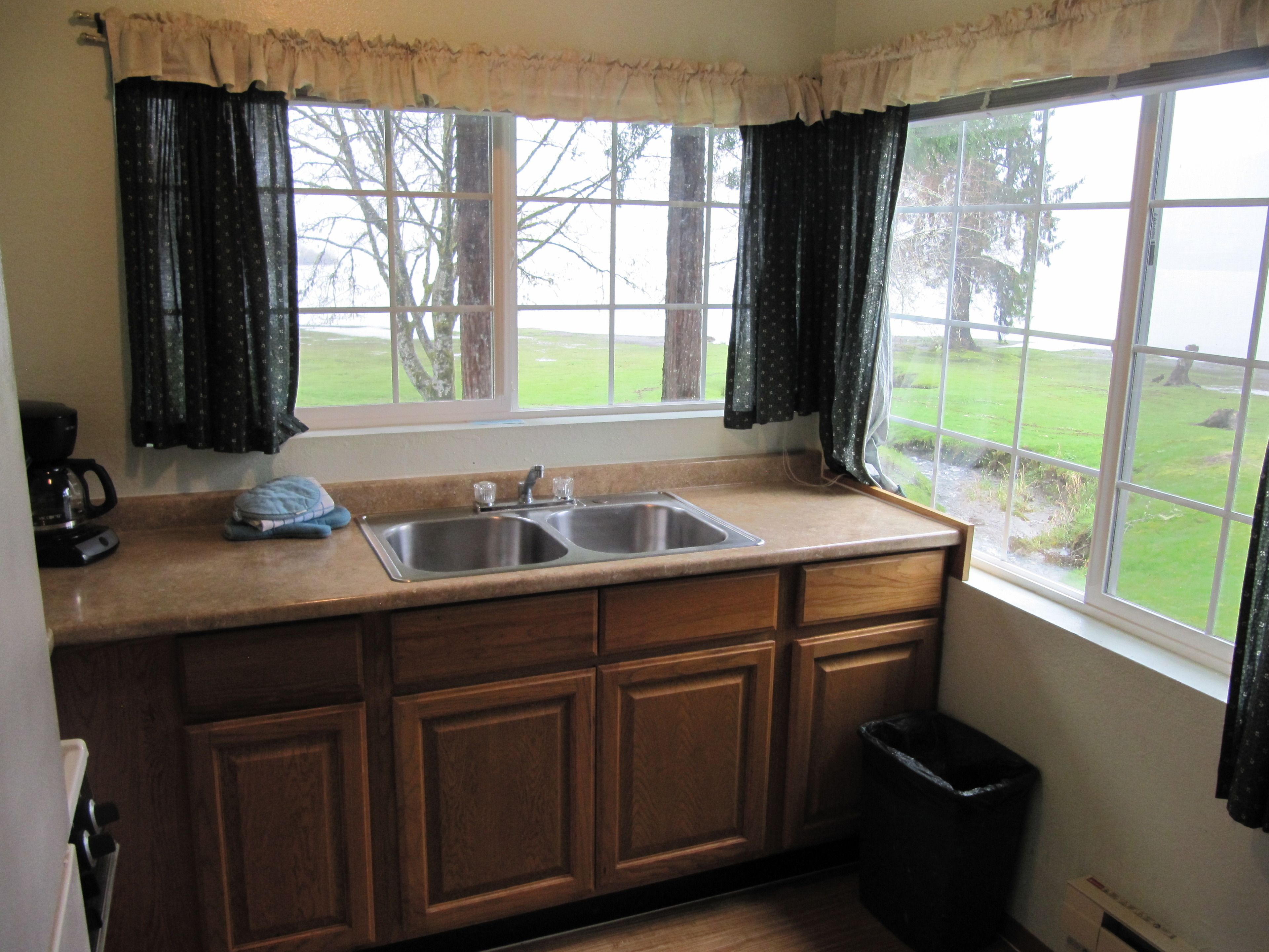A kitchen with a double sink, wooden cabinets, a coffee maker, and a view of a green landscape through the window.