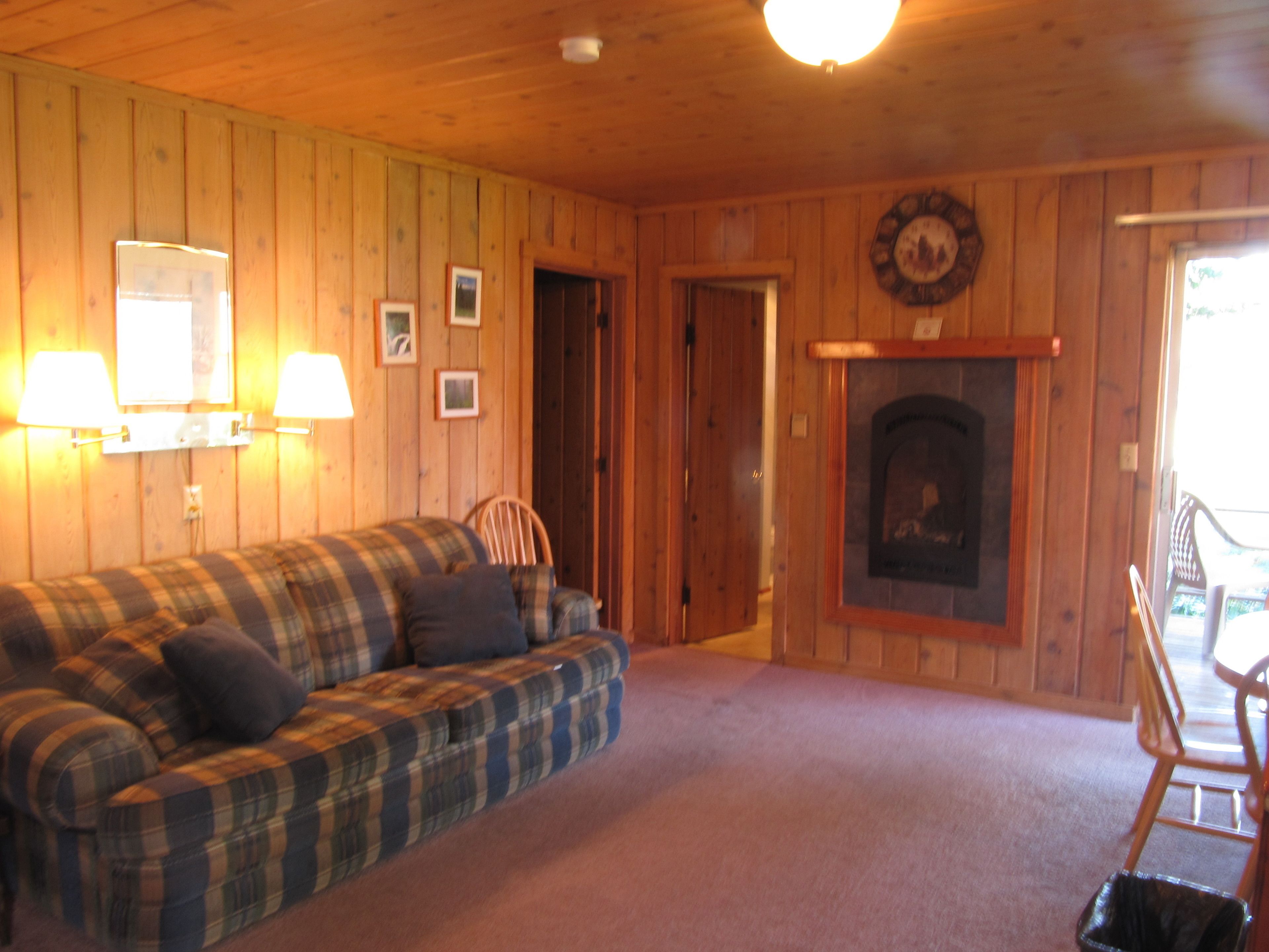 A cozy room with a plaid sofa, a fireplace, and wooden walls.