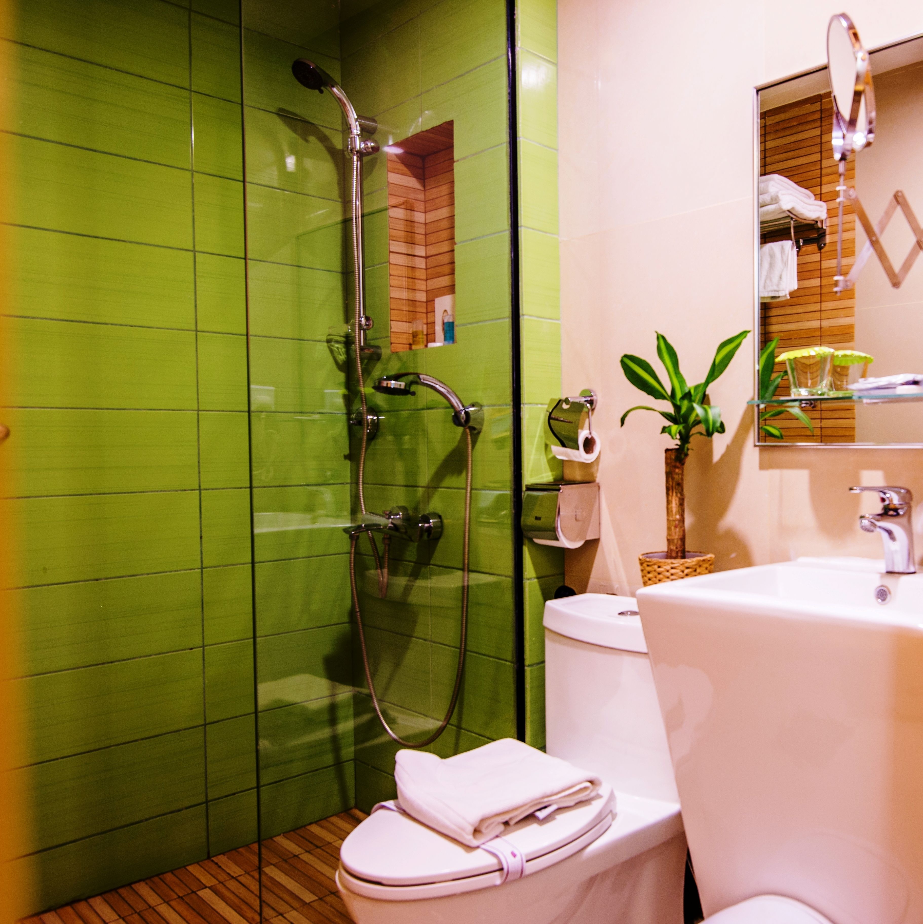 shower, rainfall showerhead, designer toiletries, hair dryer