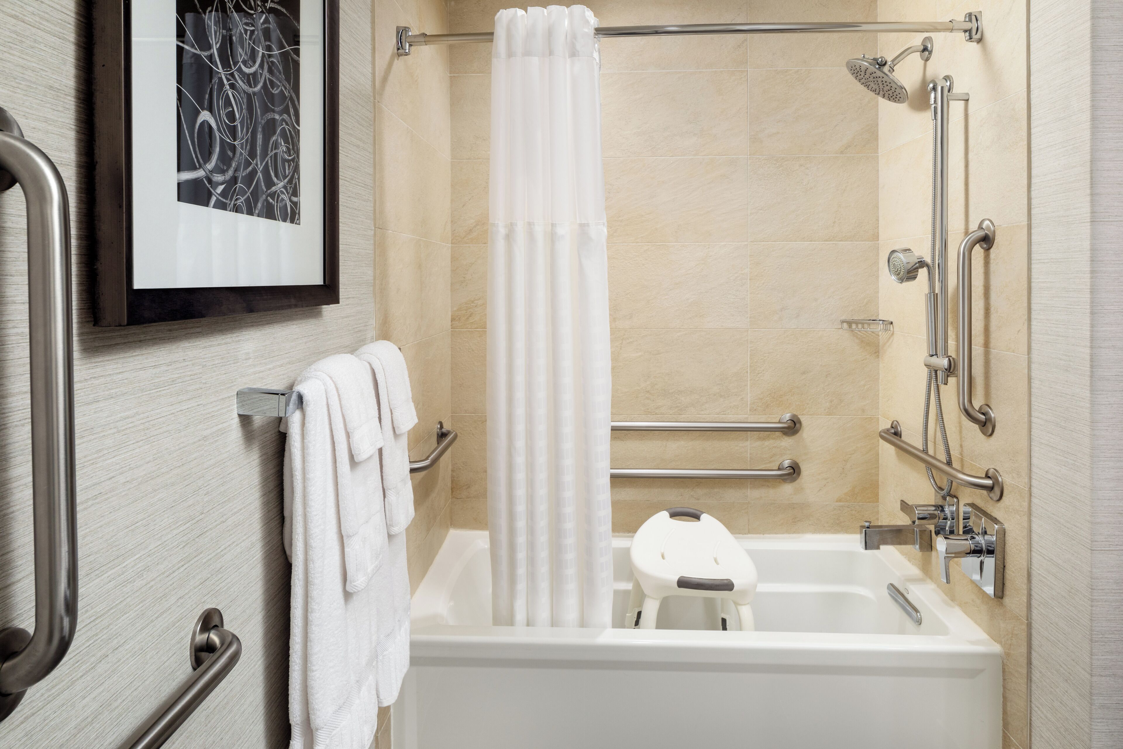 rainfall showerhead, free toiletries, hair dryer, towels