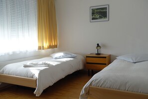 Two single beds with white linens and pillows, a framed picture, and a nightstand with a lamp.