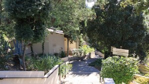 A pathway leading to a building with a sign indicating 'HAMMAM' and 'SAUNA'.