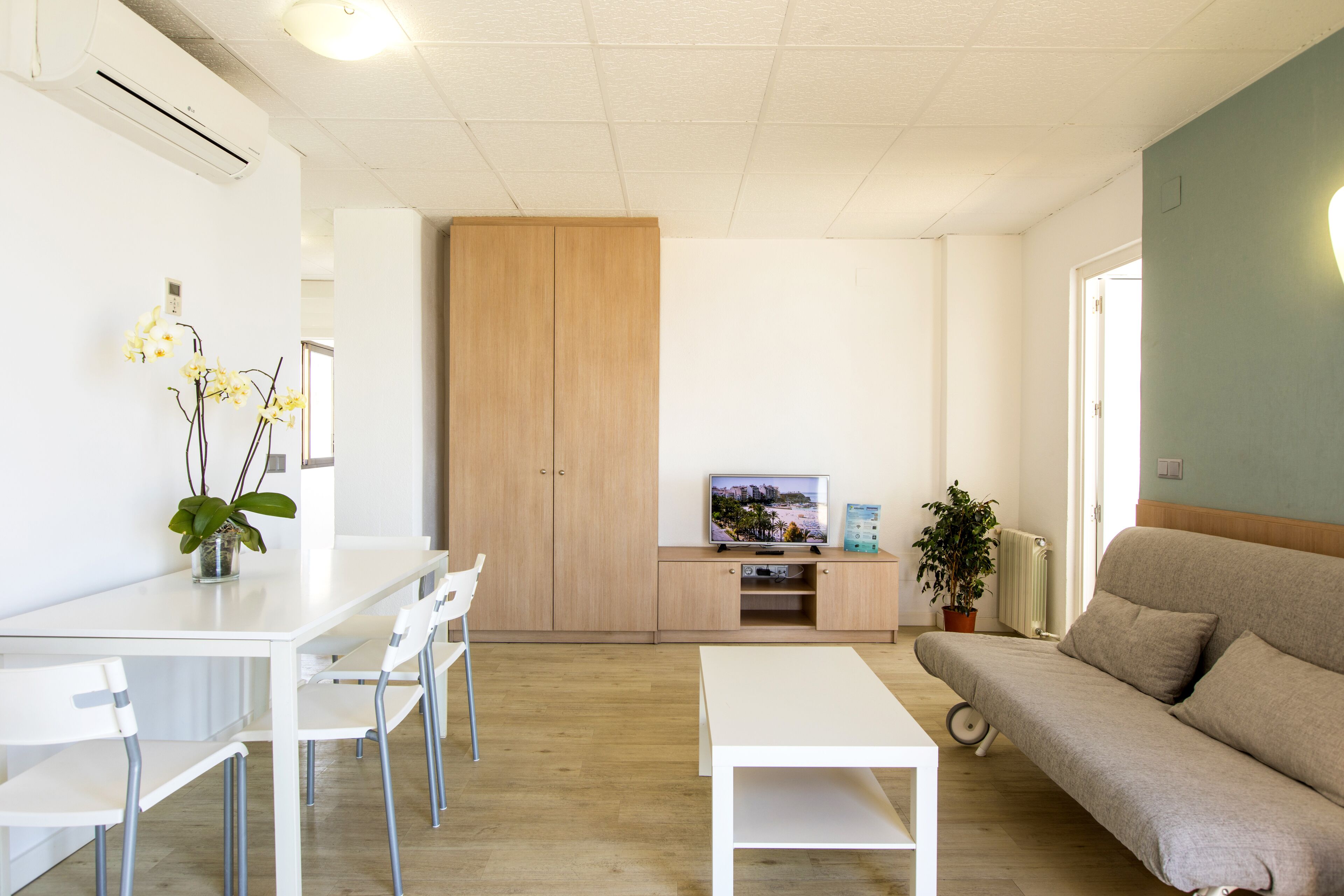 Un salon moderne avec un canapé blanc, une table à manger avec des chaises, un téléviseur posé sur un meuble en bois et une plante en pot.
