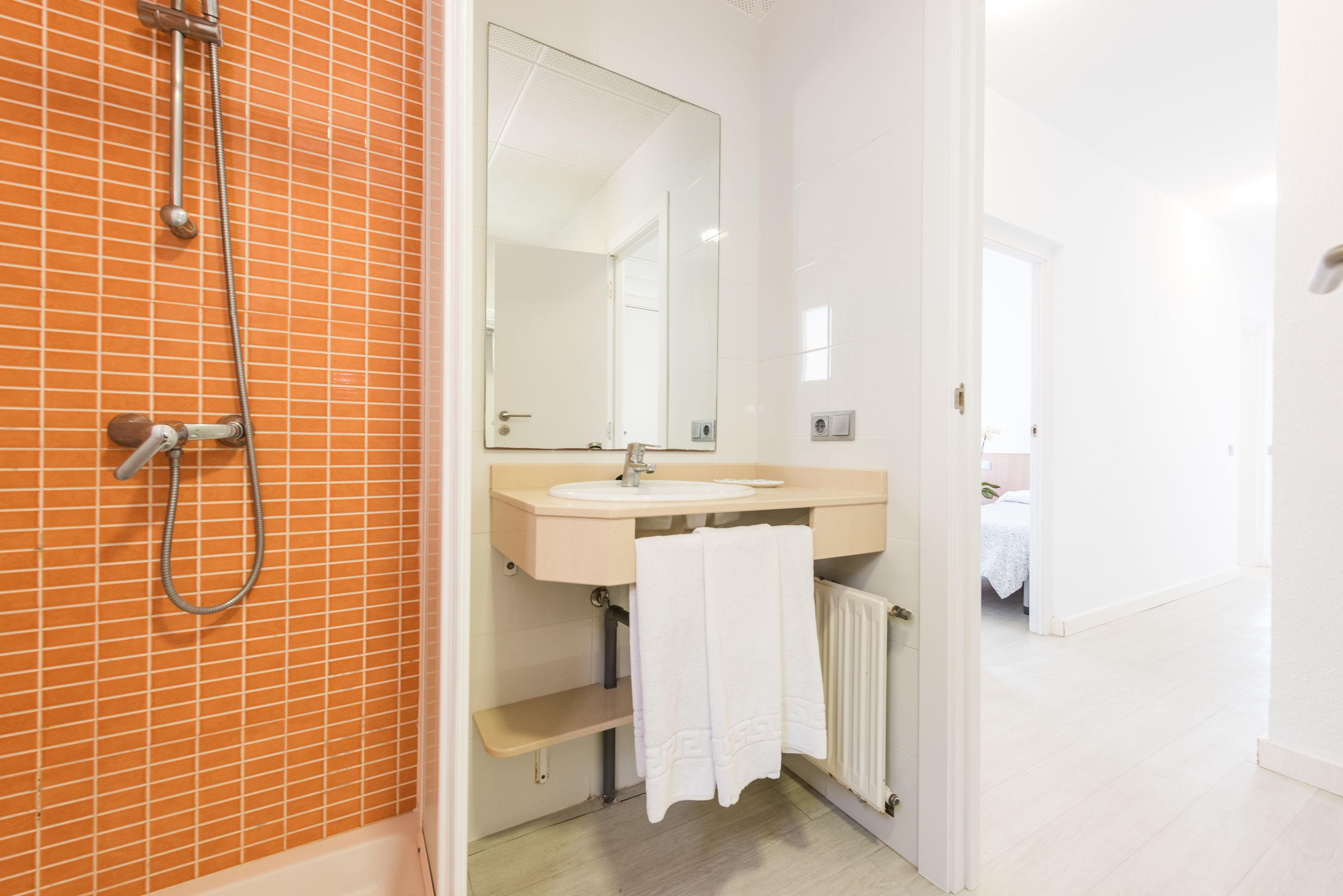 Une salle de bain avec une douche, un lavabo et un miroir.