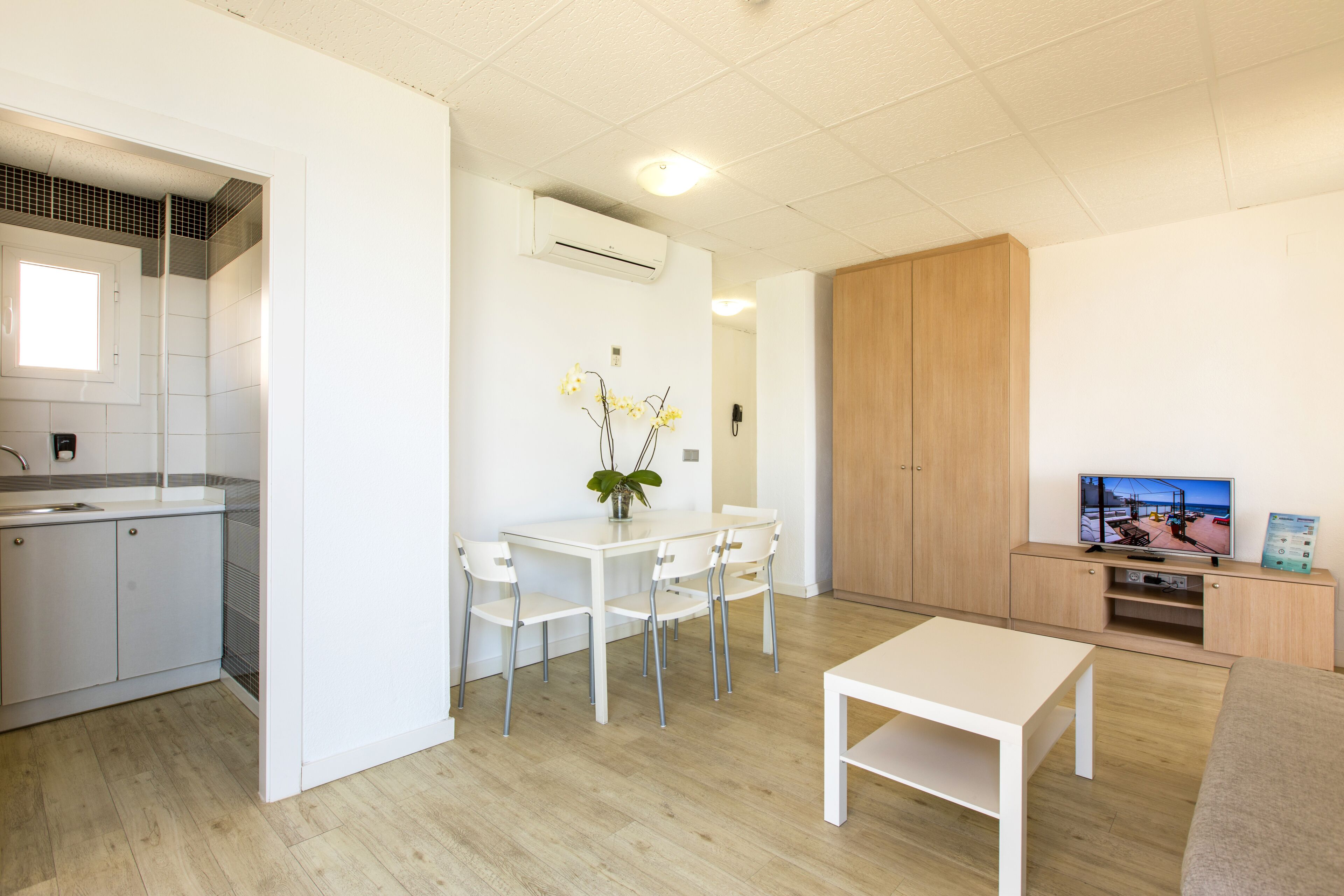 A modern, well-lit living area with a dining table, chairs, a sofa, a TV, and a kitchen area with cabinets and a window.