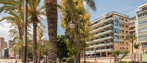 A promenade with palm trees, a blue mural, and a multi-story building with balconies.