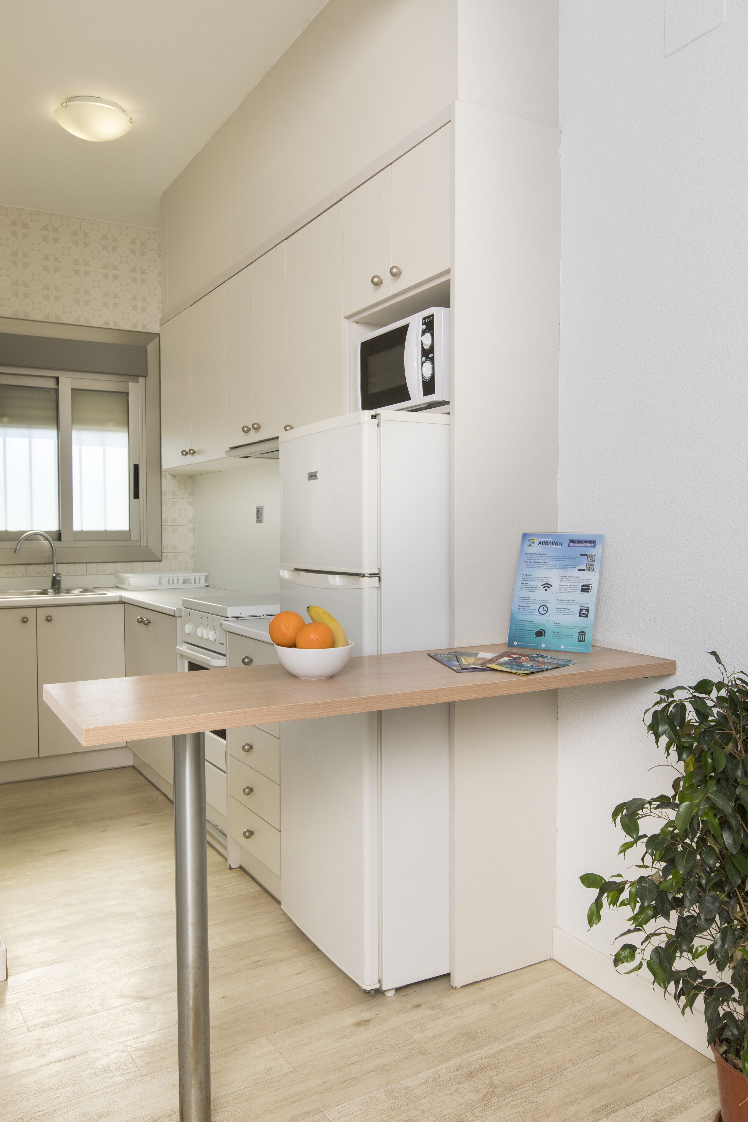 Une cuisine moderne avec des appareils électroménagers blancs, un plan de travail en bois et une plante en pot.