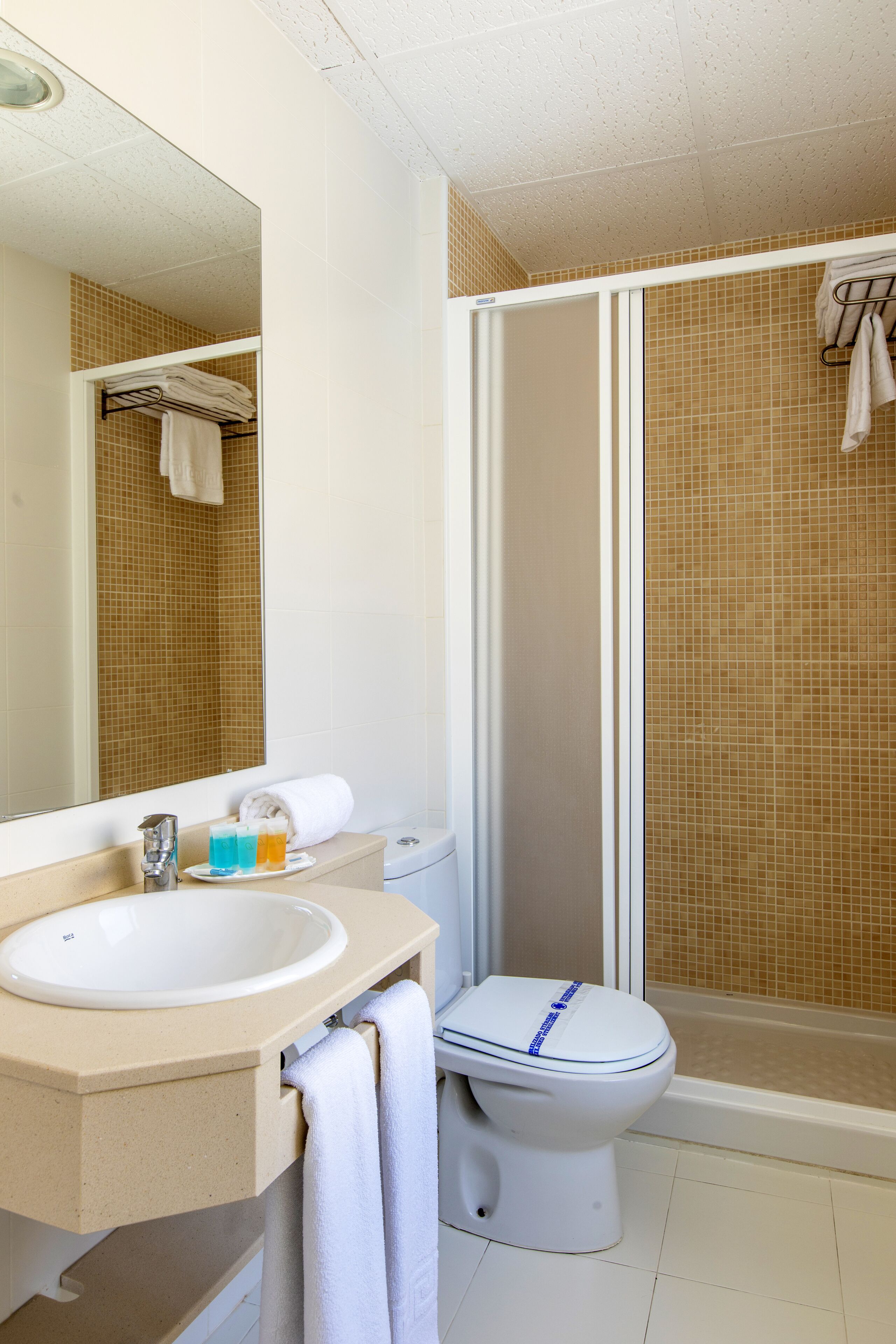 A bathroom with a sink, toilet, and shower.