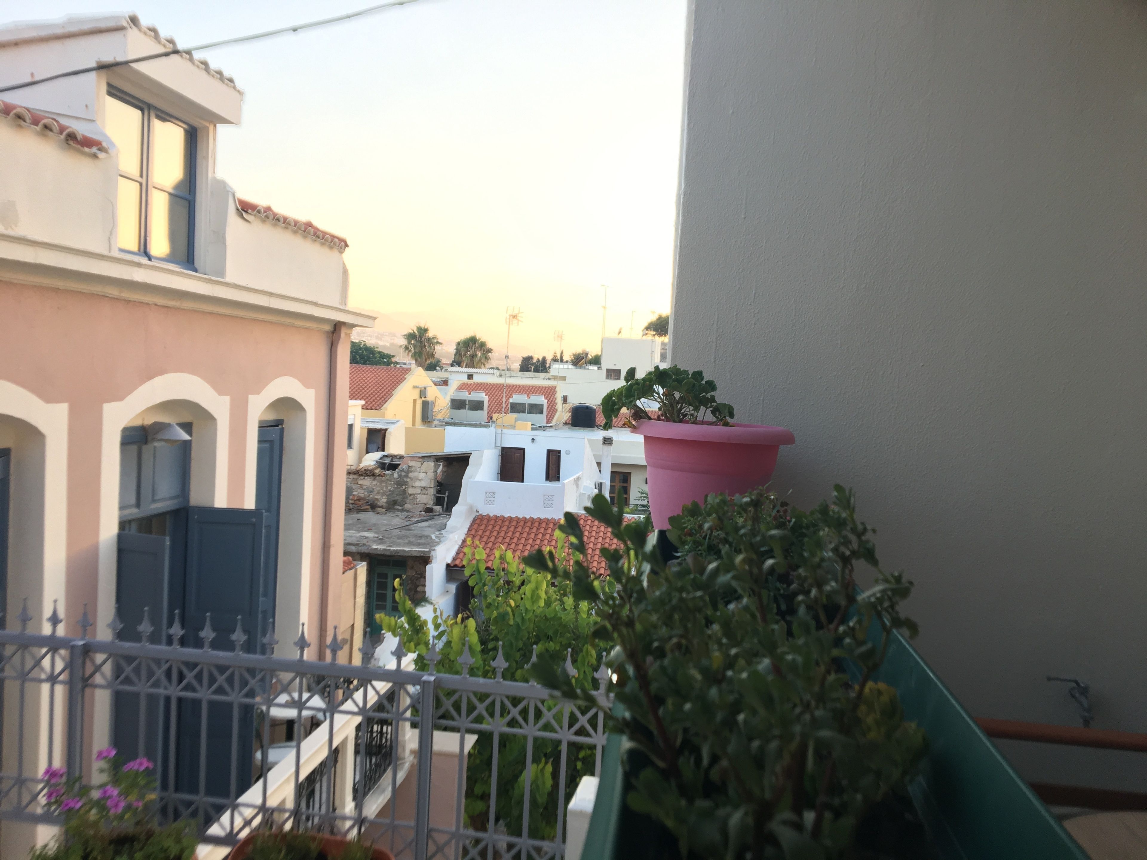 A balcony with a view of neighboring buildings, a pink flower pot, and a metal railing.