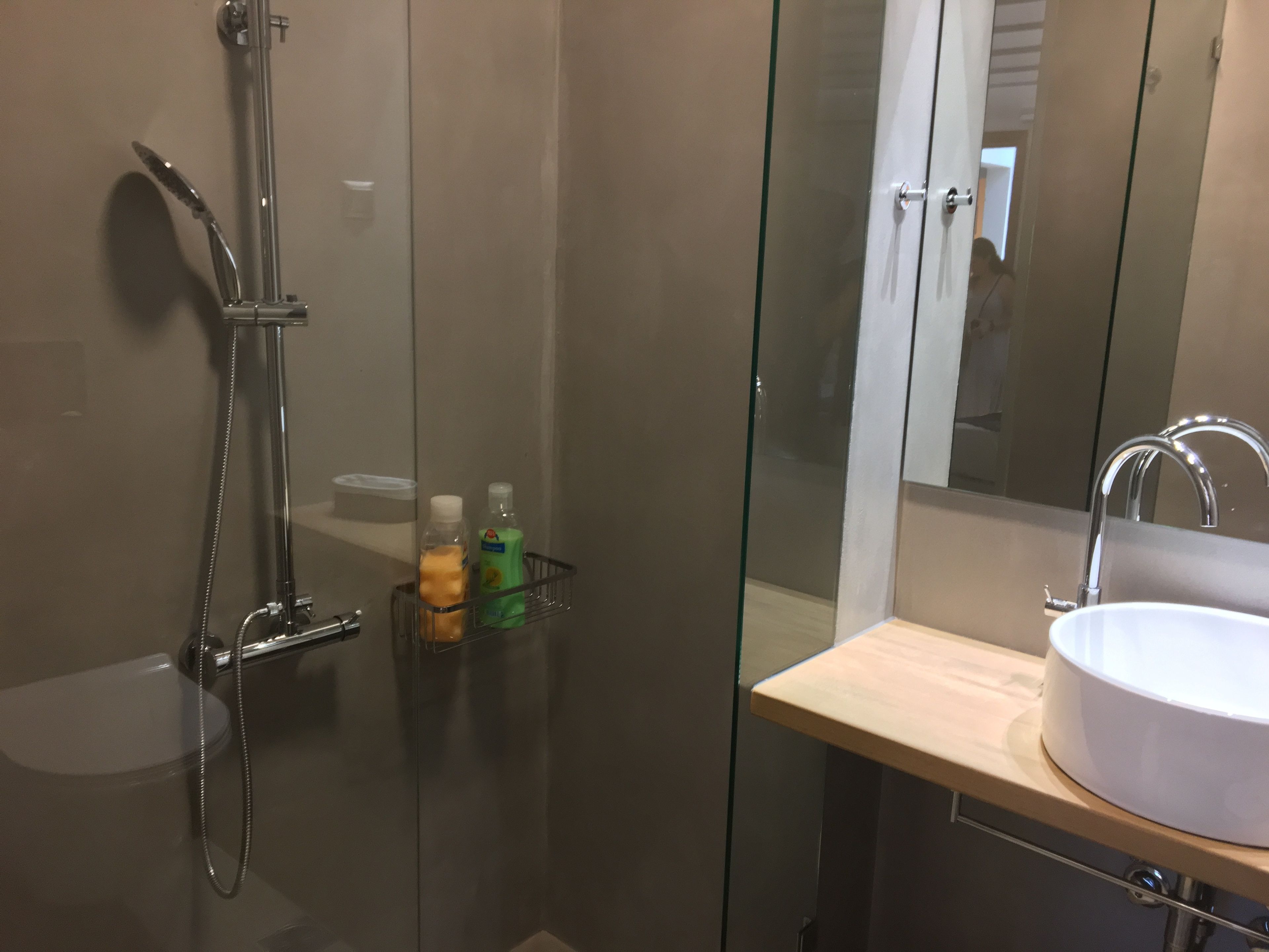 A modern bathroom with a glass shower enclosure, a handheld showerhead, a sink with a mirror, and a soap dispenser on a shelf.
