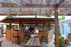 A wooden outdoor bar area with a thatched roof, wooden benches, and potted plants. - El Rancho (Los Montesinos)