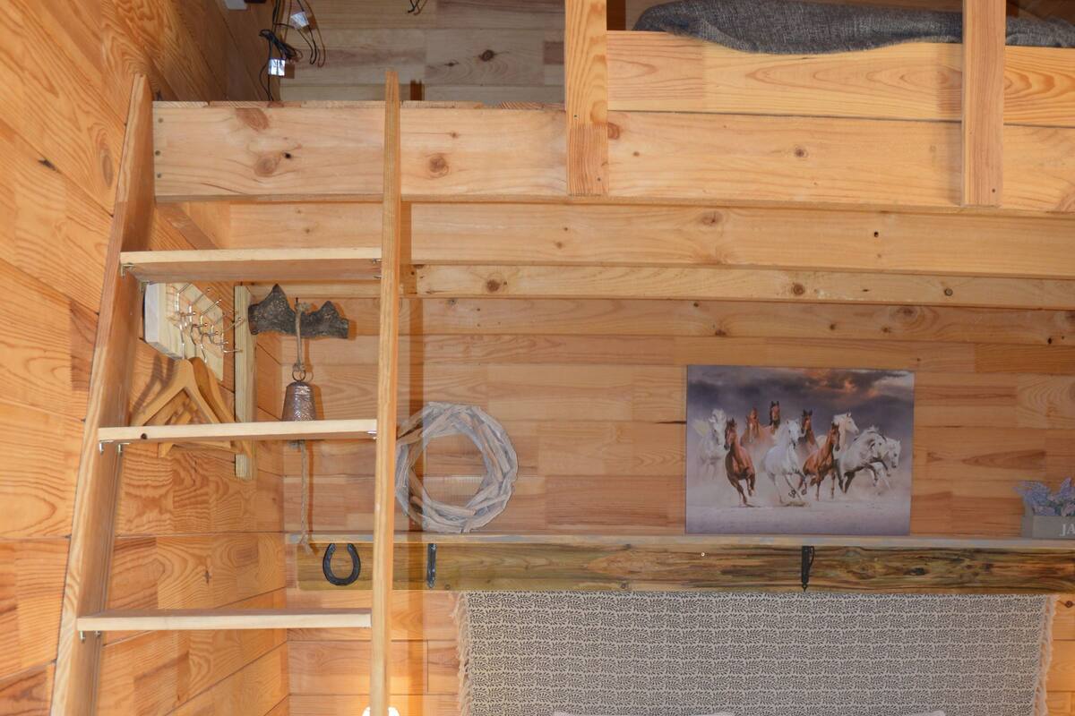 Une chambre dans une cabane en bois, avec un lit en mezzanine, une échelle, une petite table et un tableau accroché au mur.