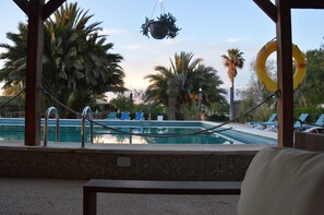 A pool area with lounge chairs and palm trees. - El Rancho (Los Montesinos)