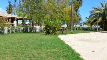 A grassy area with a building in the background and a palm tree.