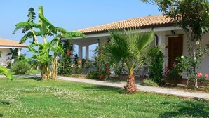 A house with a tiled roof, a covered porch, and a well-maintained garden with various plants and flowers. - Villaggio La Pizzuta (Parghelia)
