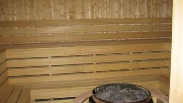 Een houten sauna met banken en een centrale verwarming.