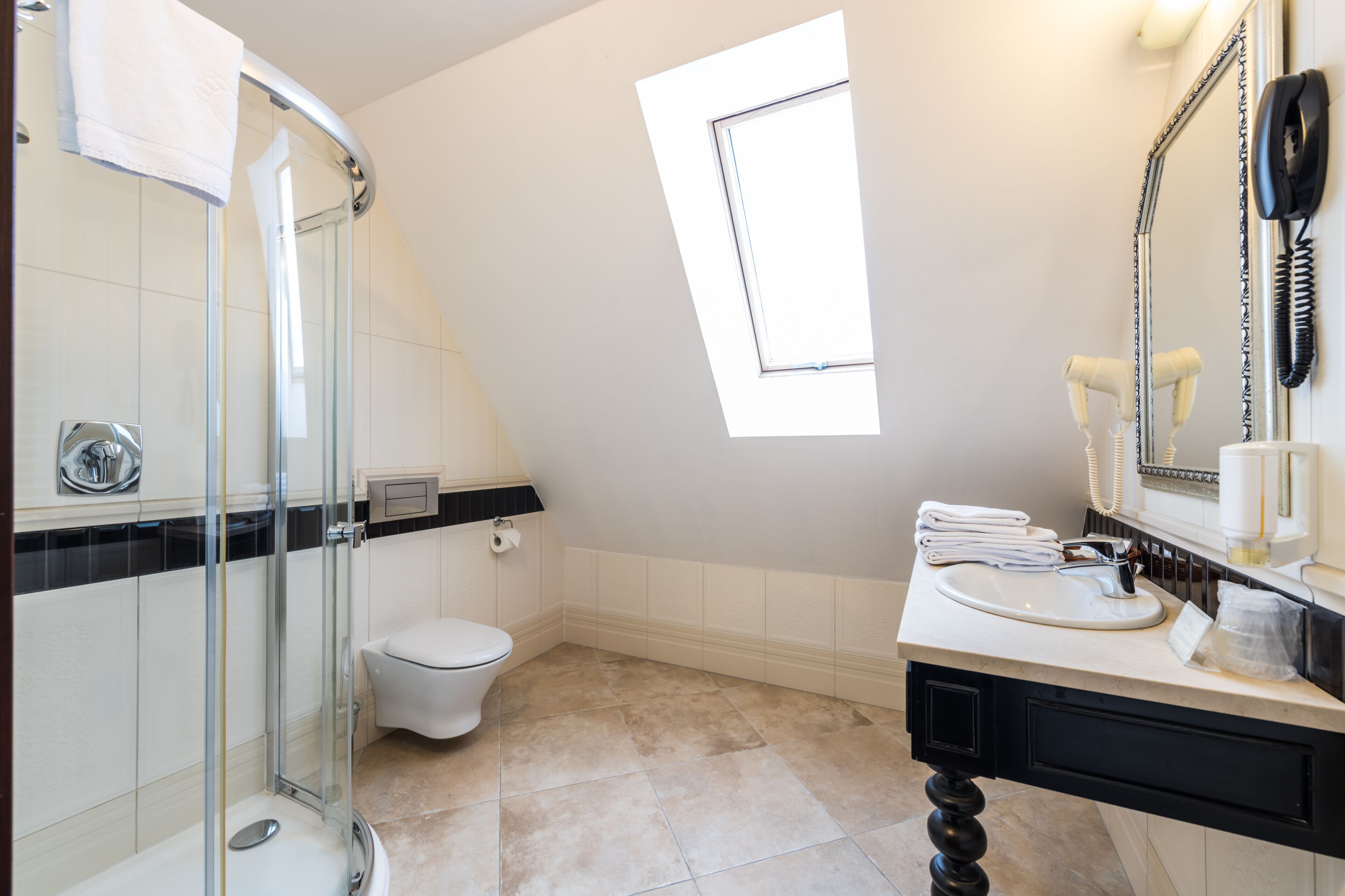A modern bathroom with a glass-enclosed shower, a toilet, a sink with a mirror, and a skylight.