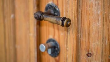 A wooden door with a brass door handle and a round keyhole.