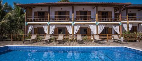 Outdoor pool, pool umbrellas, pool loungers