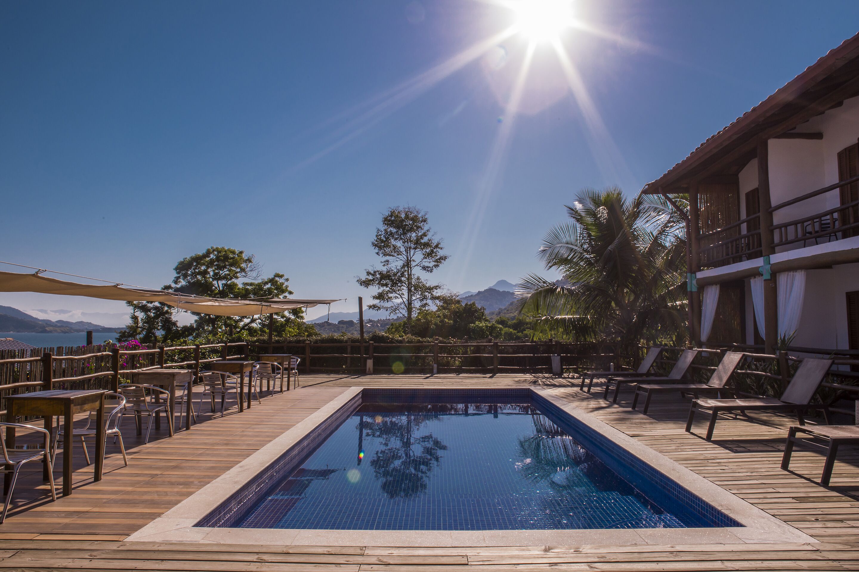 Outdoor pool, pool umbrellas, pool loungers