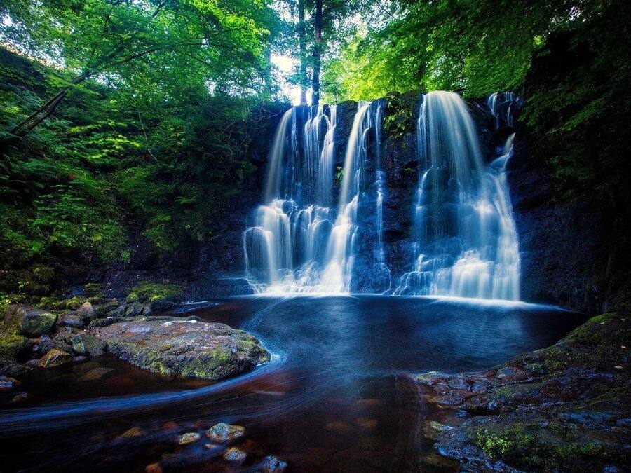 Een waterval stort neer in een zwembad, omringd door weelderige begroeiing.