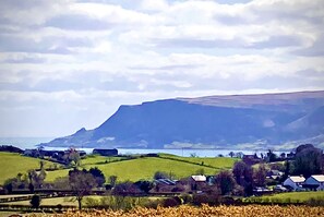 Ländliche Landschaft mit sanften Hügeln, einem Gewässer und einem Berg in der Ferne.