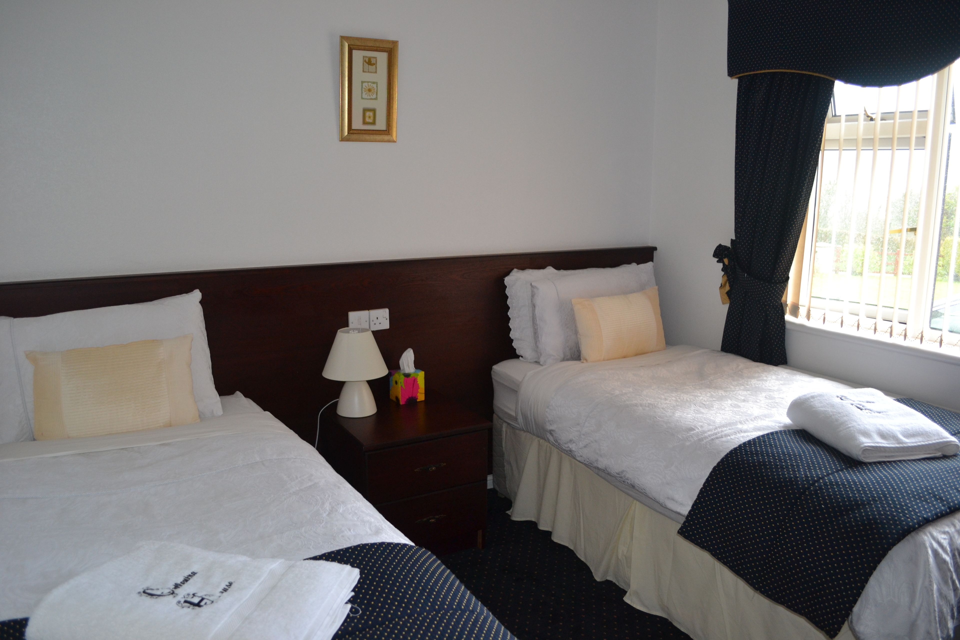 Habitación de hotel con dos camas, una mesita de noche con lámpara, un cuadro enmarcado en la pared y una ventana con cortinas.