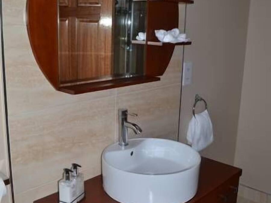 A bathroom with a round sink, a mirror above it, and a wooden vanity.