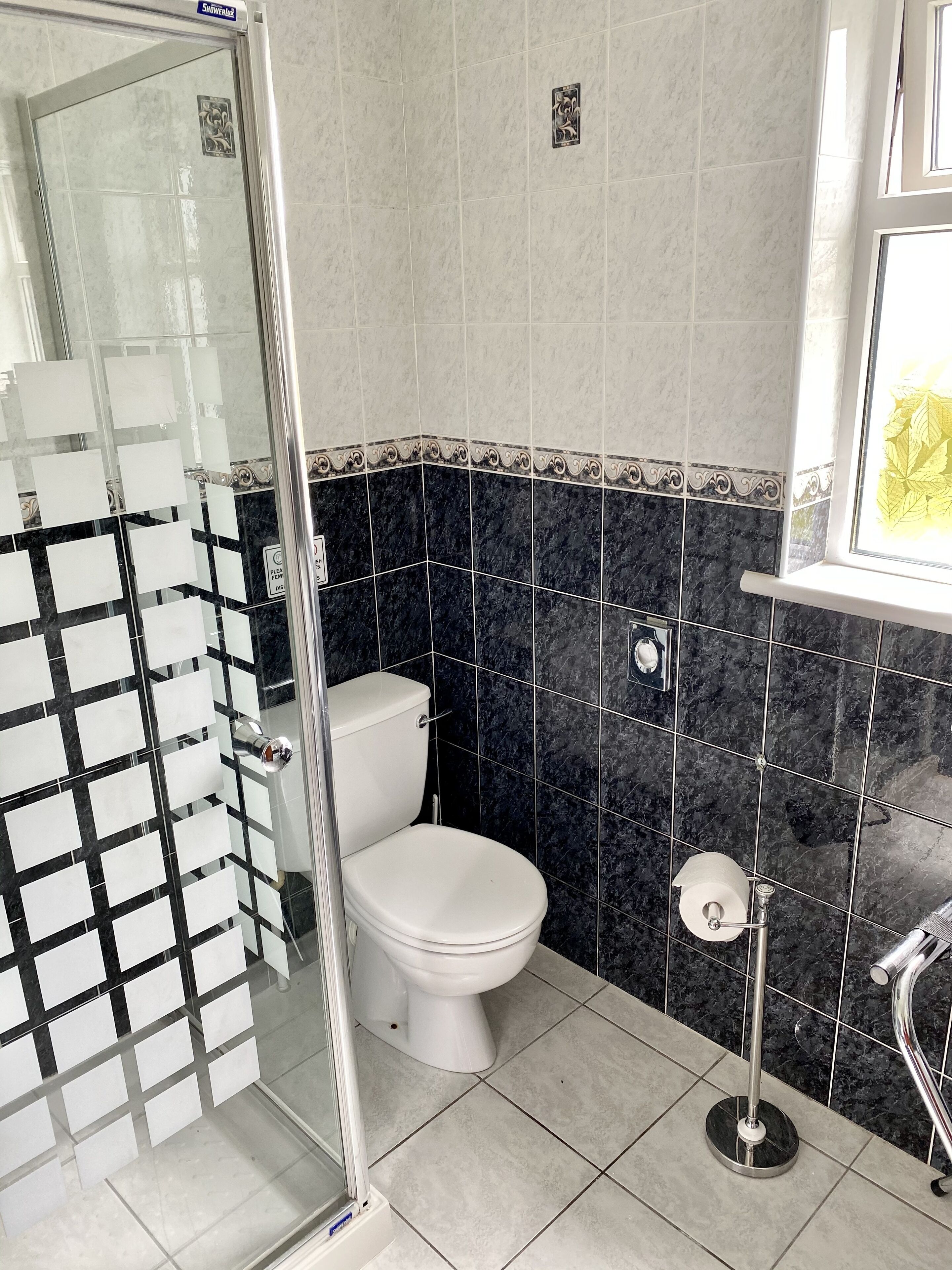 A bathroom with a glass shower enclosure, a toilet, and a bidet.