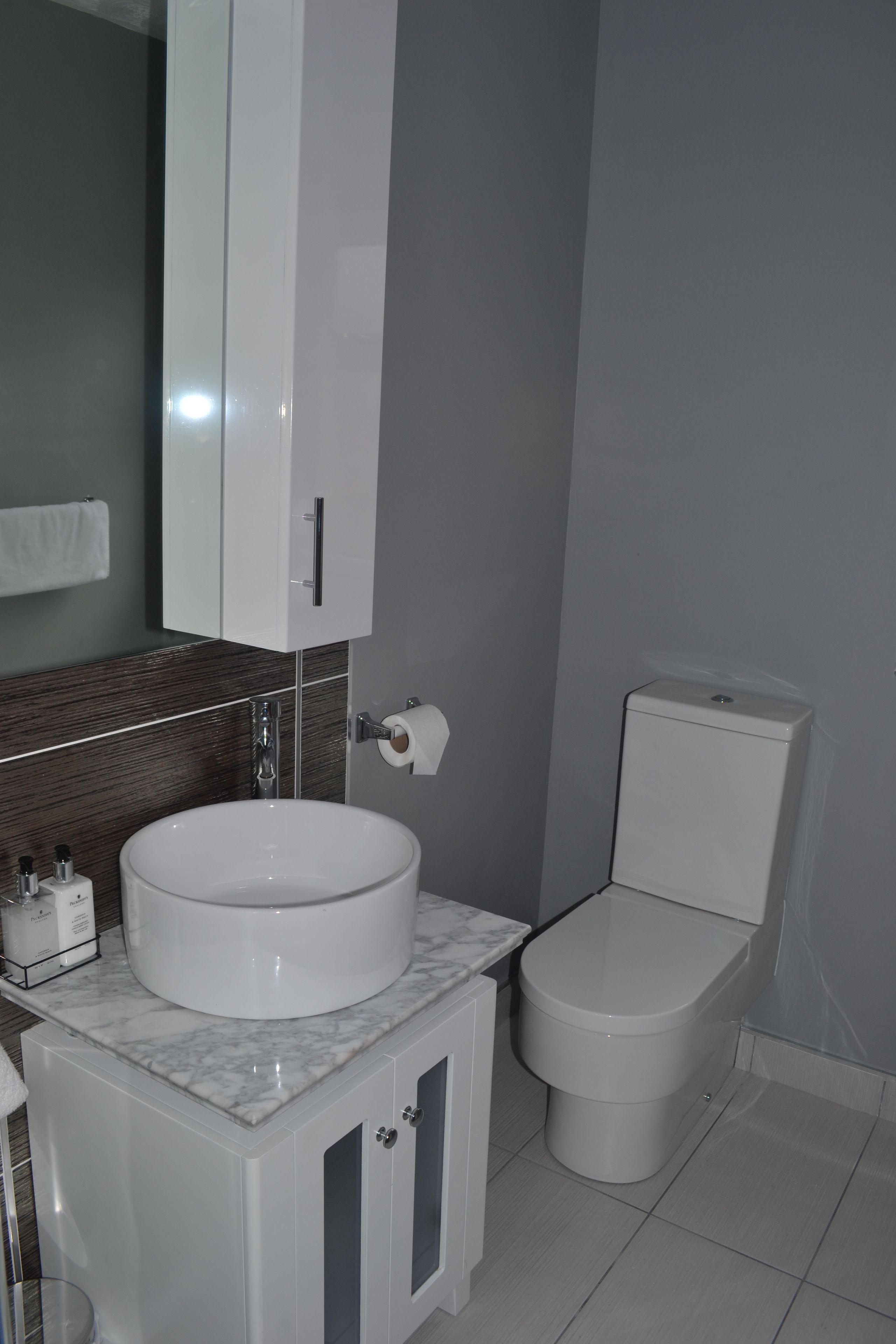 A bathroom with a white sink, a toilet, and a mirror above the sink.