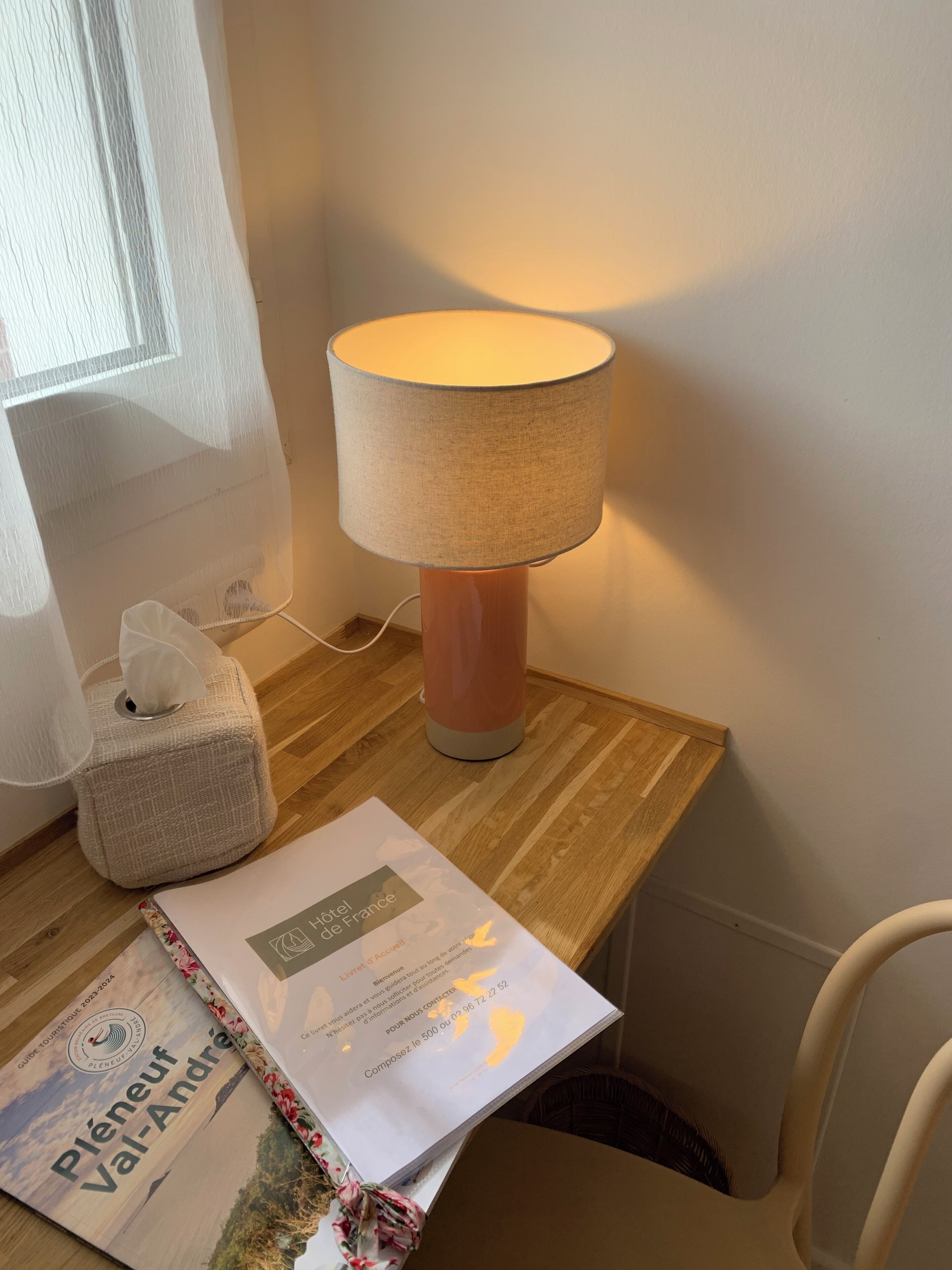 Ein Nachttisch mit Lampe, Taschentuchbox und Reiseführer.