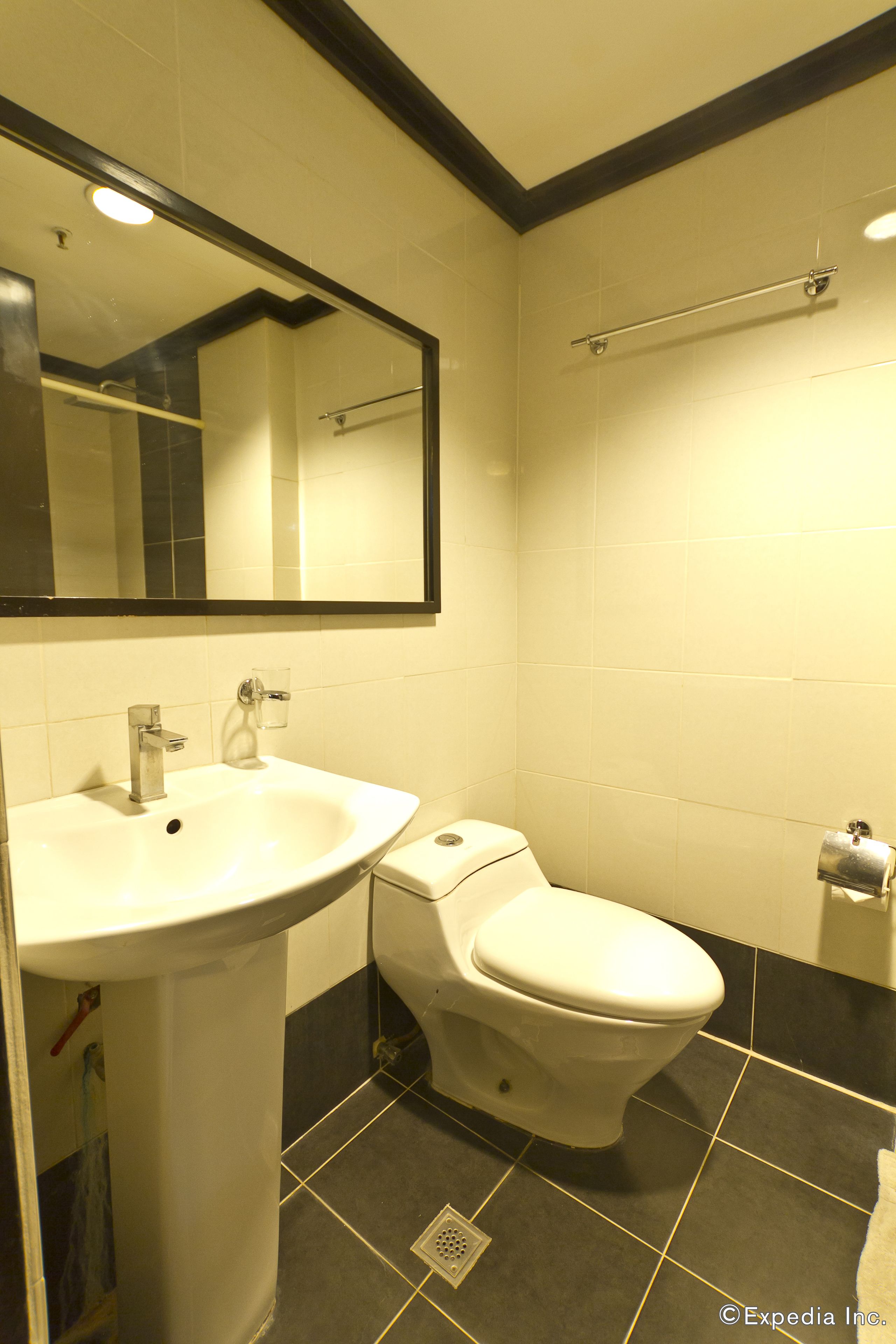 A bathroom with a sink, toilet, and mirror.
