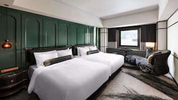 Down duvets, desk, blackout curtains, iron/ironing board