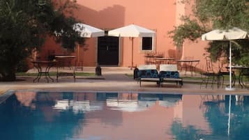 Seasonal outdoor pool, pool umbrellas, pool loungers