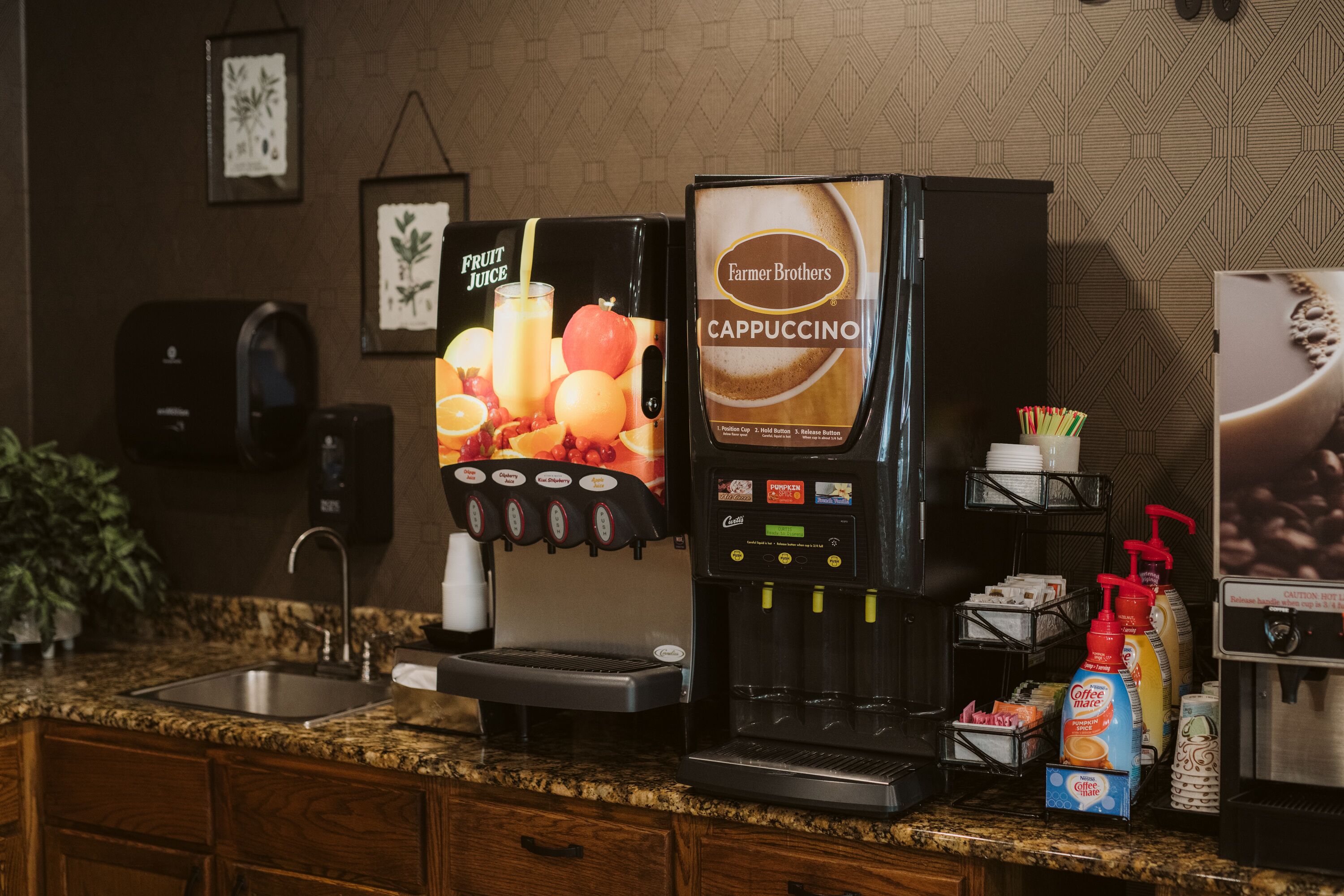 A coffee machine with a cappuccino dispenser and a fruit juice dispenser.