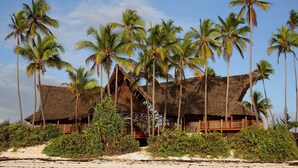 A thatched-roof building with a wooden deck, surrounded by palm trees and vegetation. - Kena Beach Hotel (Matemwe)