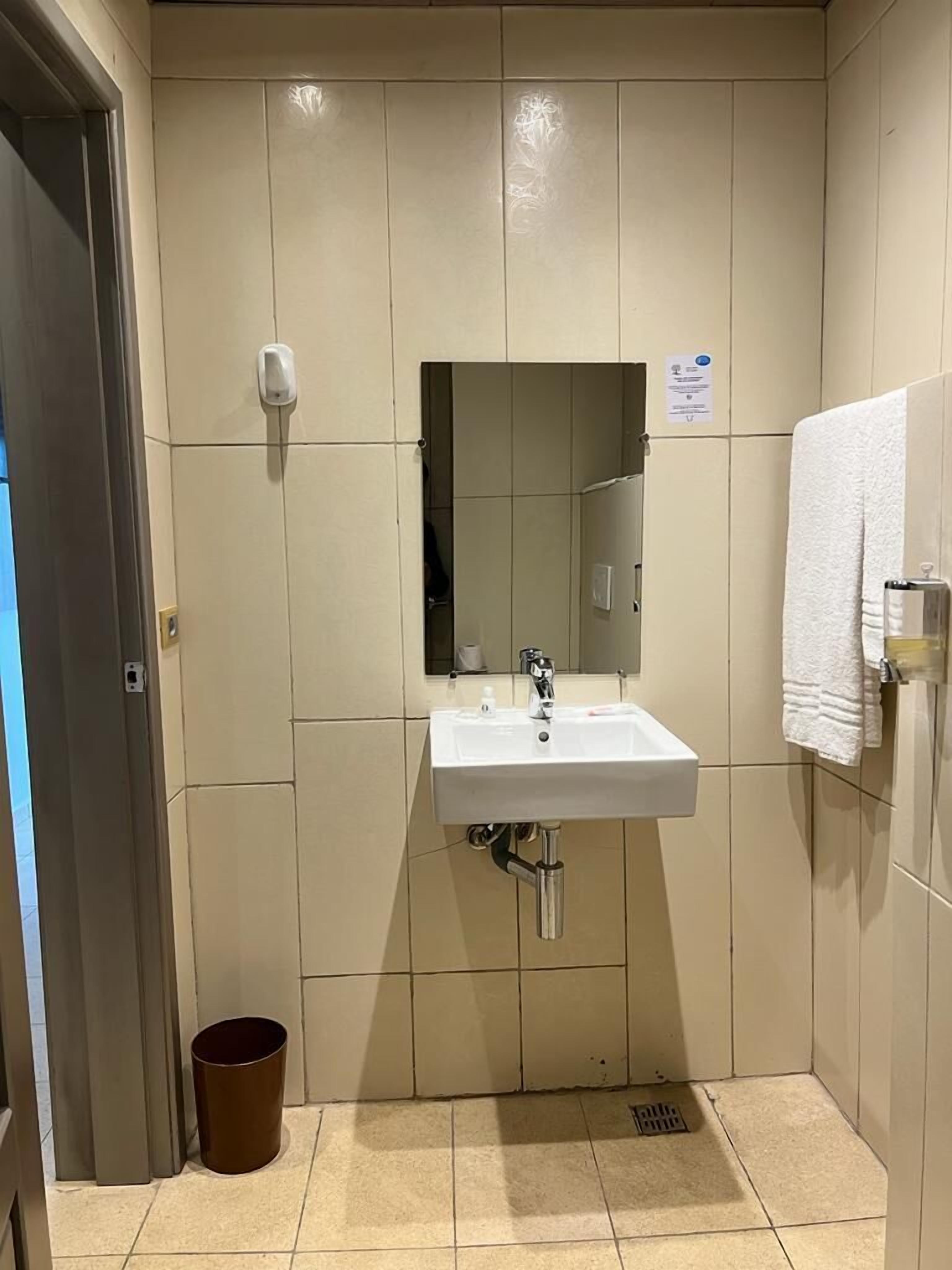 Un baño con lavamanos blanco, un espejo y un perchero para toallas.