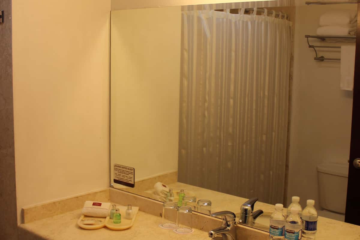 double room (expedia) | bathroom | free toiletries, hair dryer, towels, soap