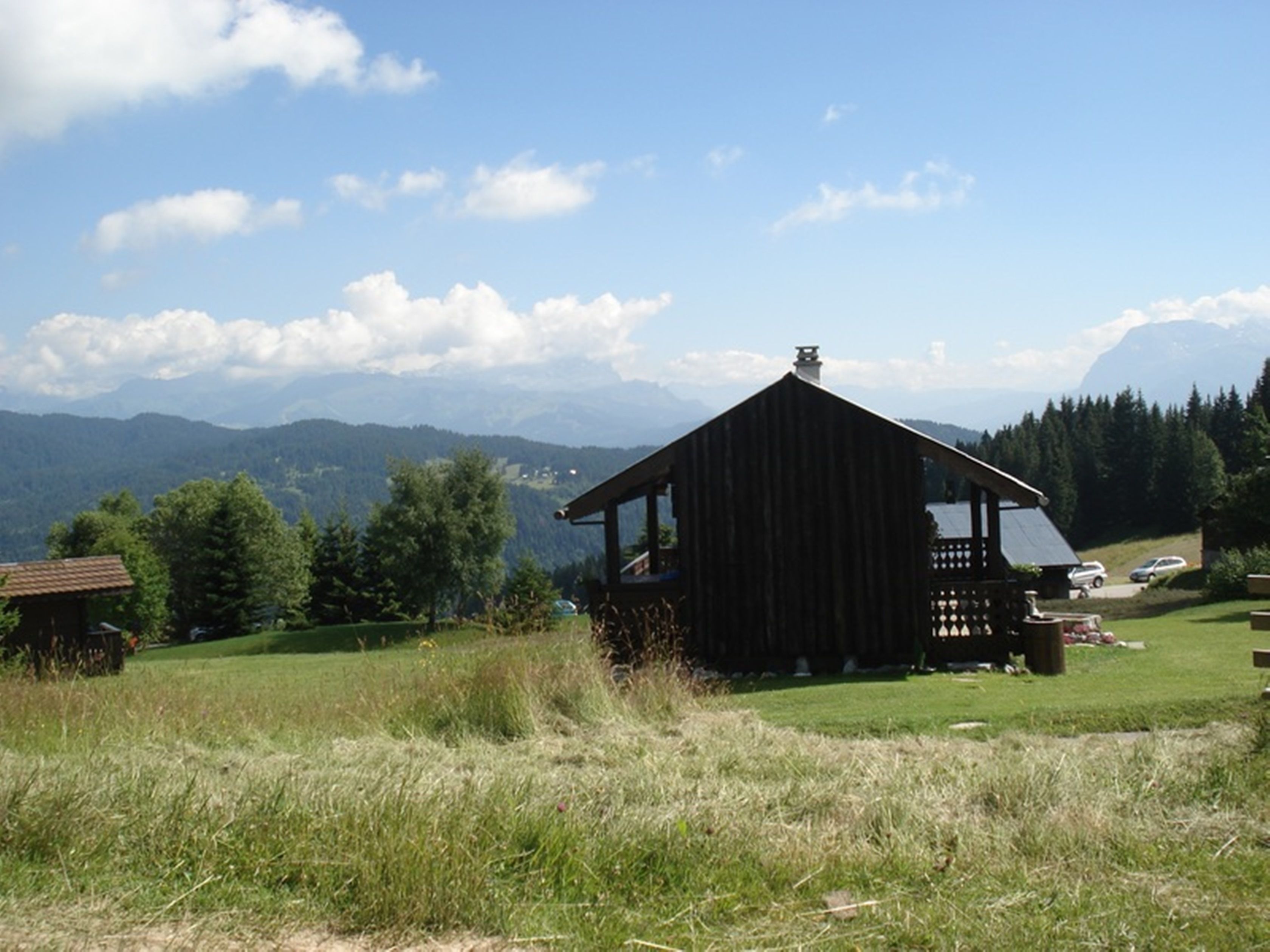 A wooden cabin with a porch, surrounded by a grassy field and mountains in the background.