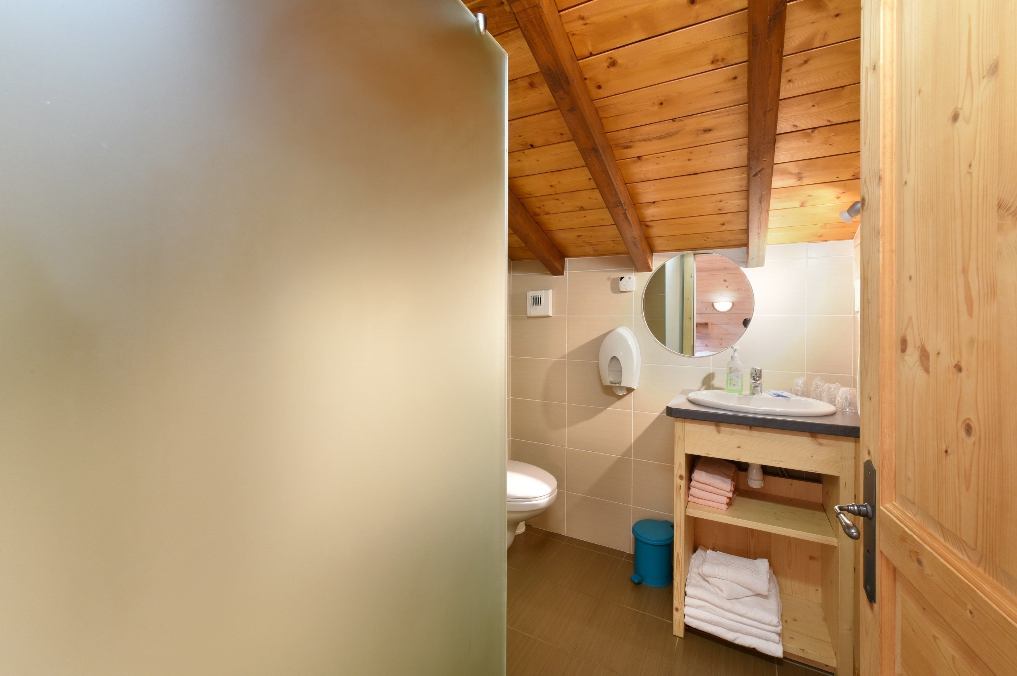 A small bathroom with a wooden ceiling, a toilet, a sink with a mirror, and a blue trash bin.