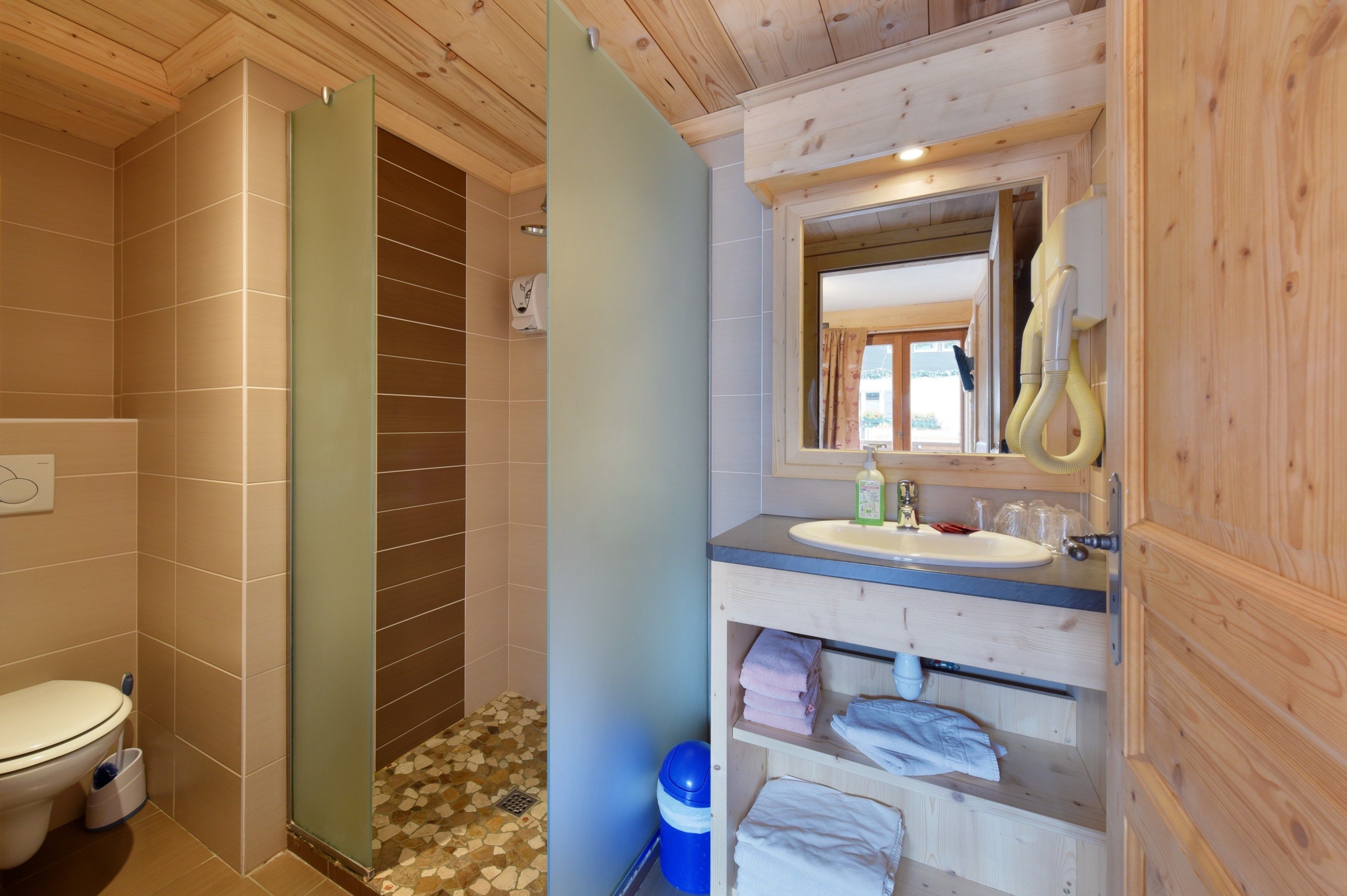 A bathroom with a toilet, shower, and sink area.