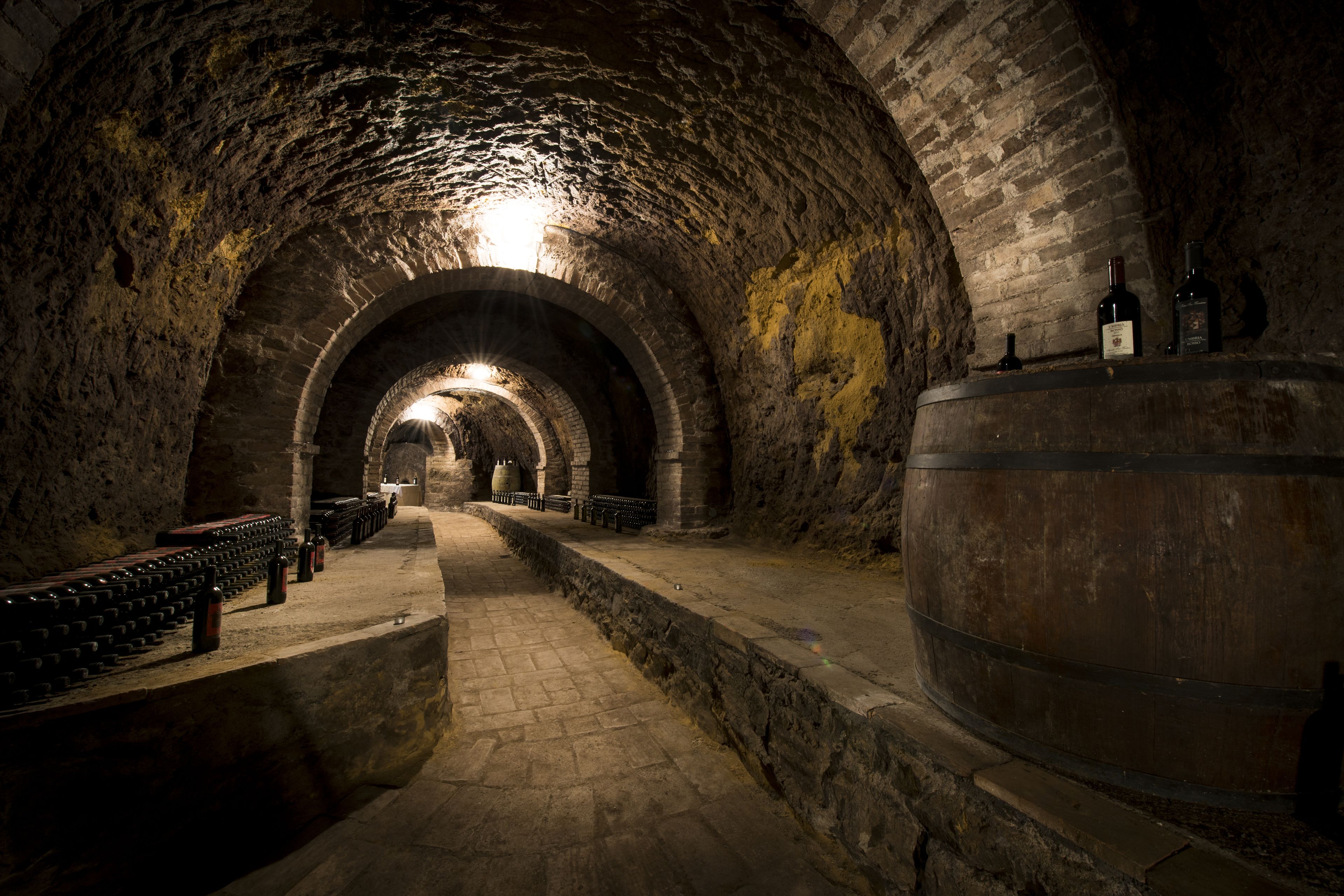 Une cave à vin souterraine, faiblement éclairée, avec des arches en pierre, des barriques en bois et des rangées de bouteilles de vin.