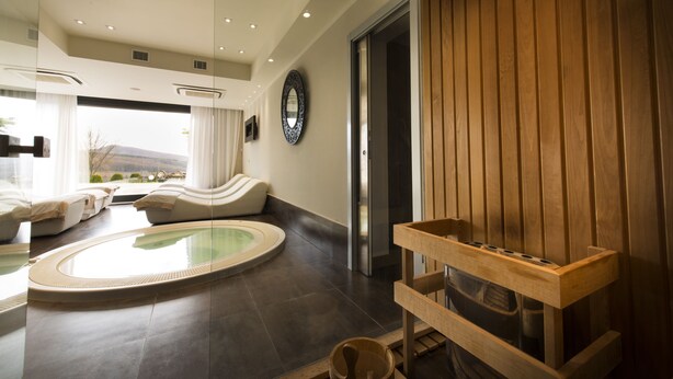 A modern spa room with a hot tub, wooden paneling, and a large mirror.