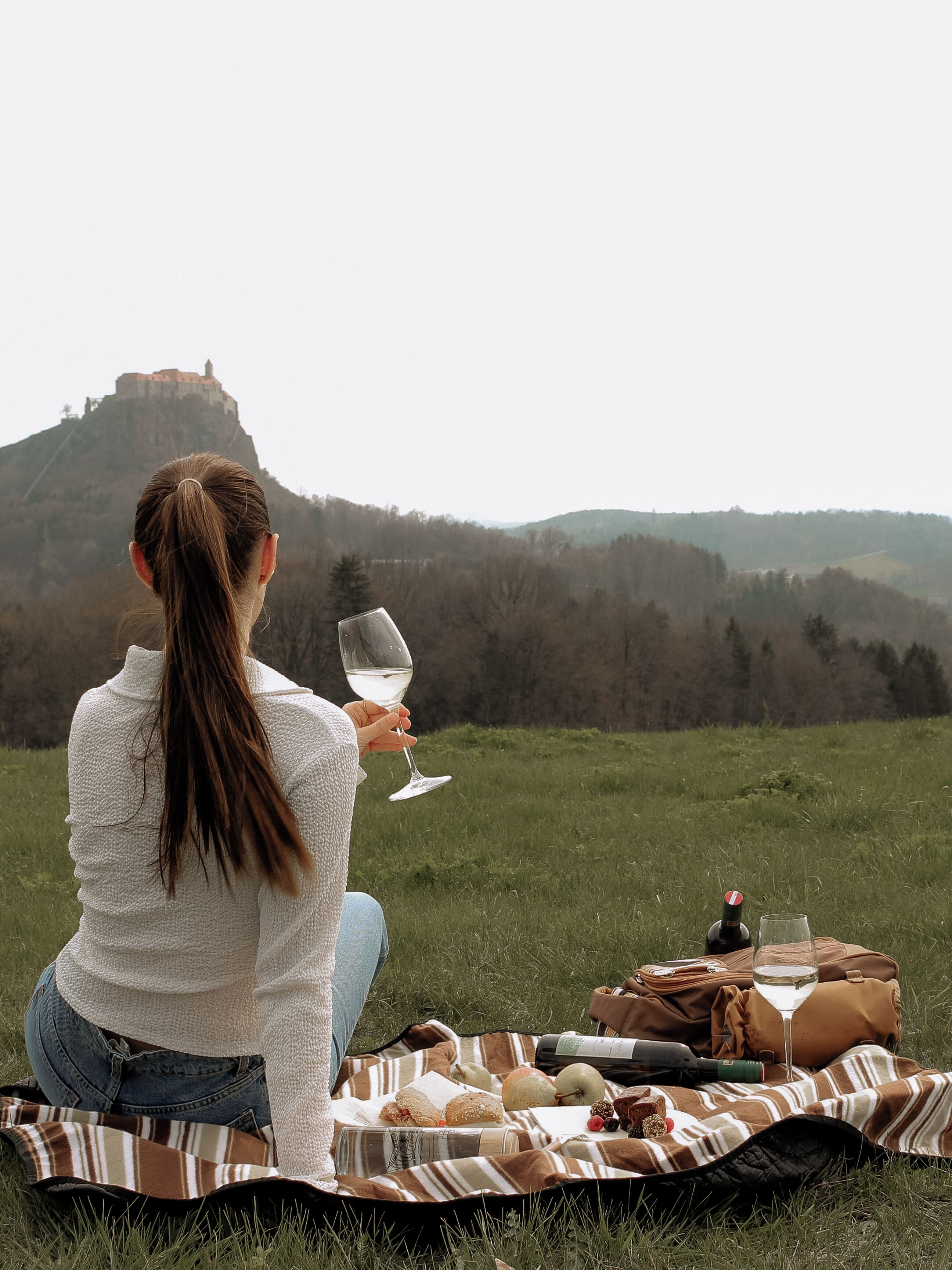 A person sitting on a blanket with a picnic setup, including food and drinks, in a grassy field with a castle in the background.