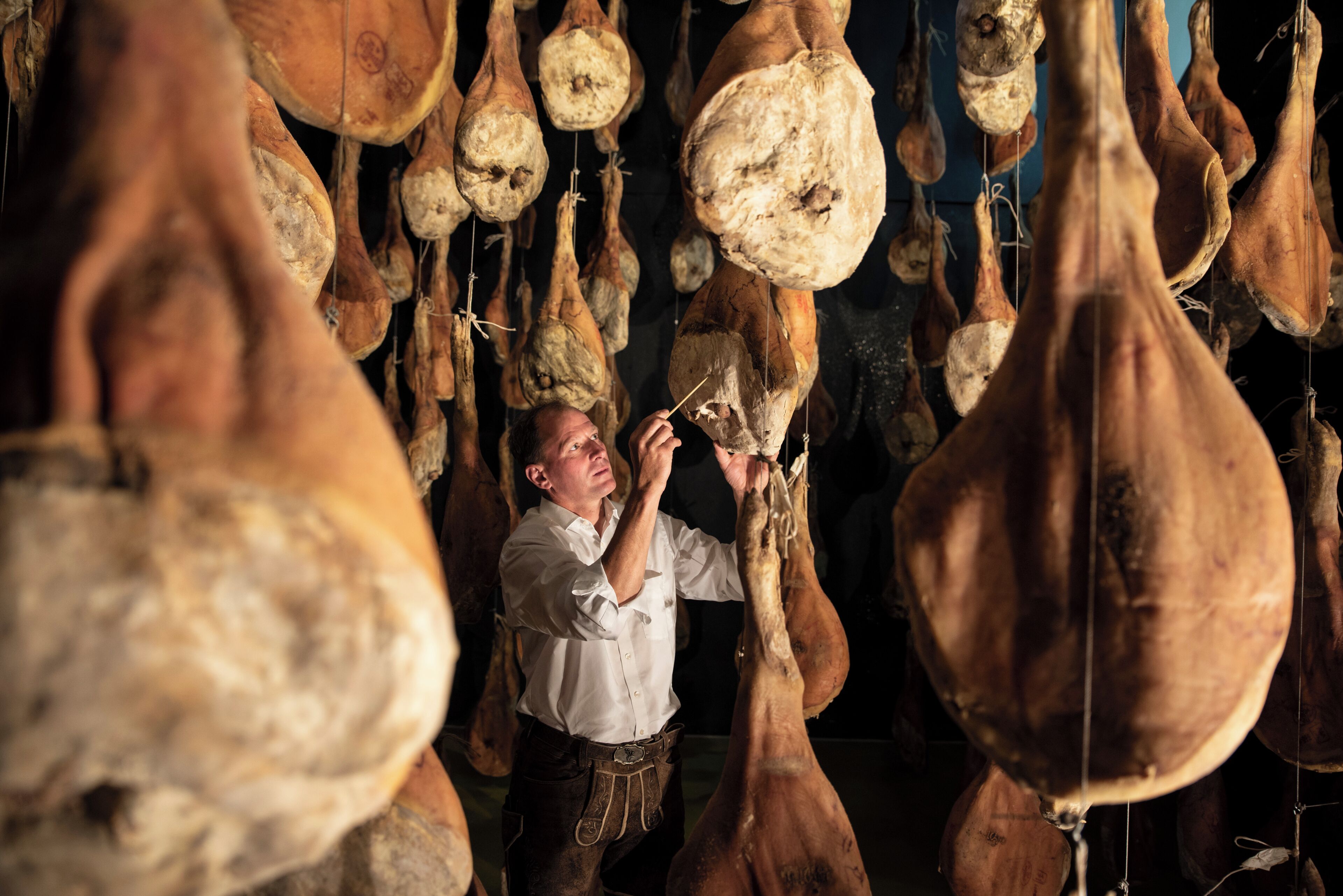 A person inspecting large dried gourds in a dimly lit room.