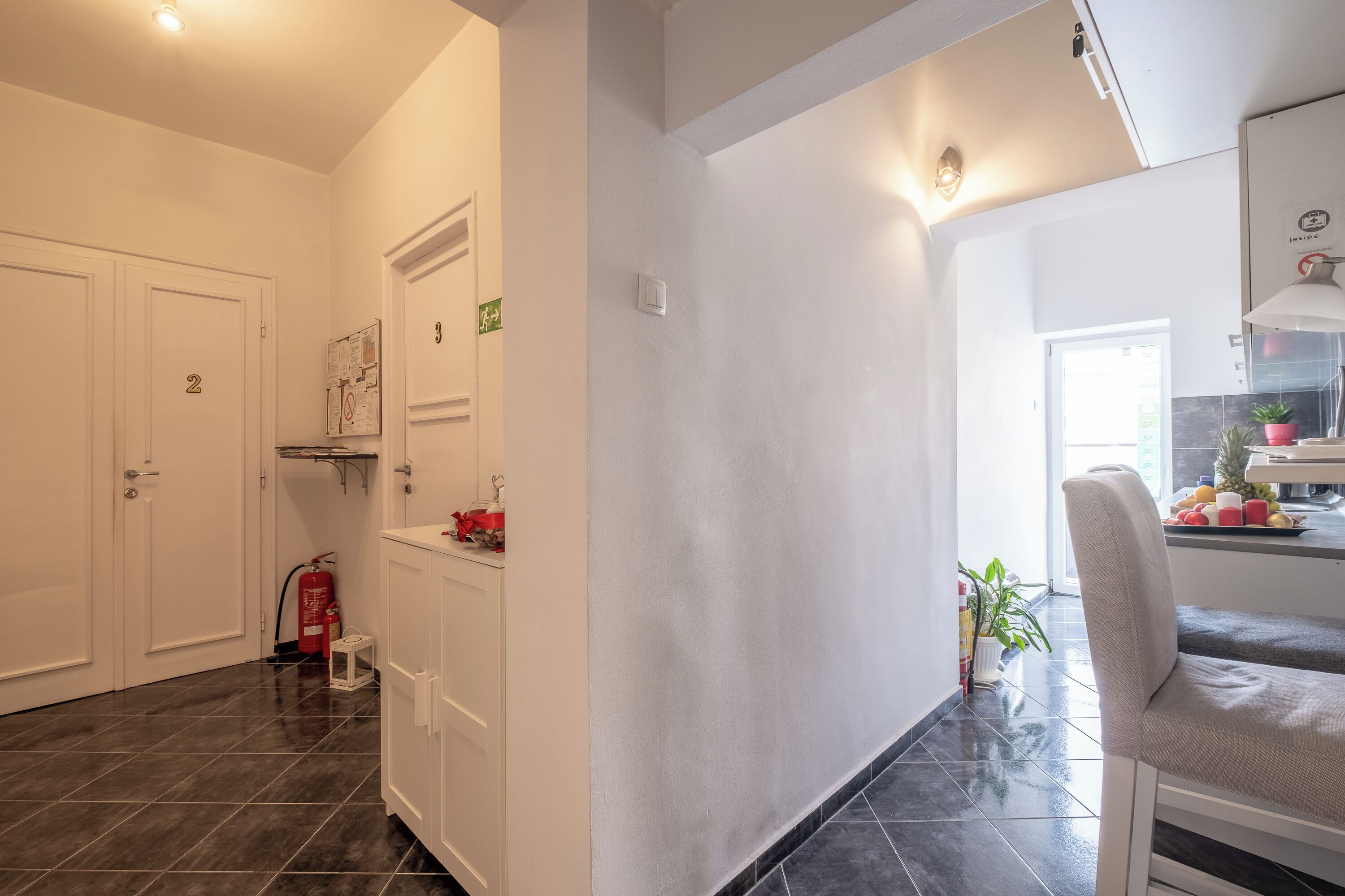 A kitchen with a chair, a fire extinguisher, and a plant.