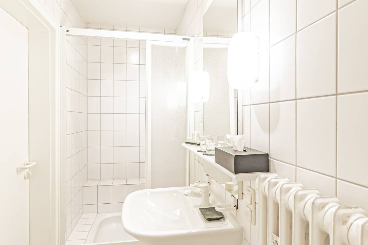 standard double room | bathroom | shower, free toiletries, hair dryer, towels